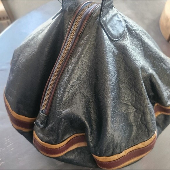 VINTAGE RARE 1970S B BARON BLUE Genuine Leather Handbag Women ROUND HIPPY BLUE - Picture 4 of 16